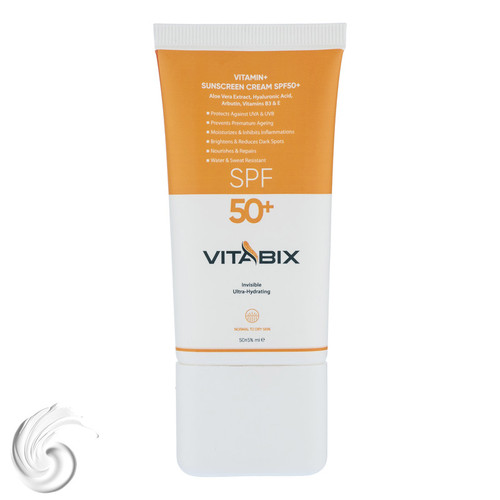 کرم ضد آفتاب بدون رنگ ویتابیکس SPF 50 مدل +Vitamin مناسب پوست خشک حجم 50 میلیلیتر محافظتکننده اشعه UVA و UVB، بدون تست حیوانی، با ماندگاری 2 ساعته