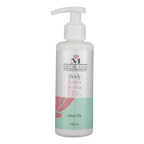 لوسیون بدن مدیلن مدل Urea3% حجم 150 میلیلیتر، حاوی اوره 3% و عصاره آلوئه ورا، مرطوبکننده عمقی، ضد خشکی و ضد چروک، مناسب انواع پوست